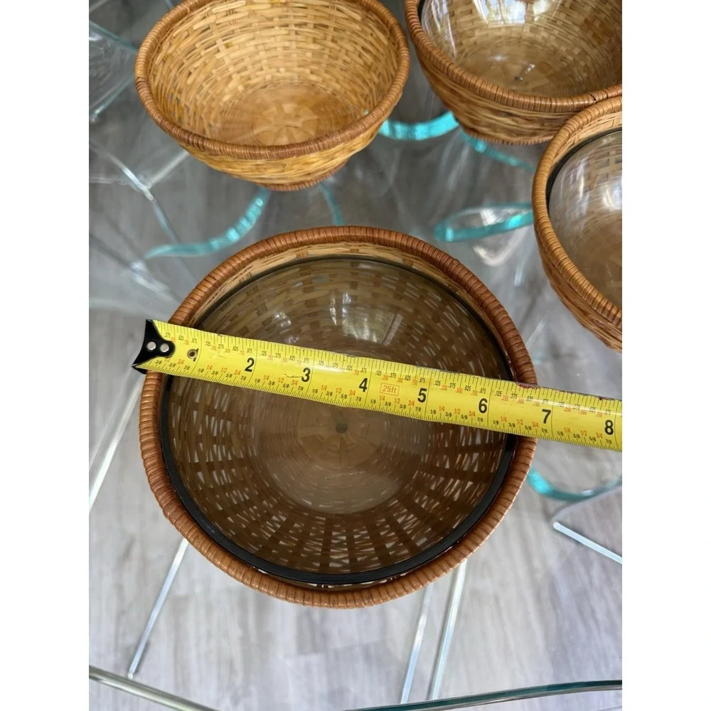 Set of 4 Vintage Rattan Wicker Snack Salad Bowls with Plastic Inserts Tiki Boho